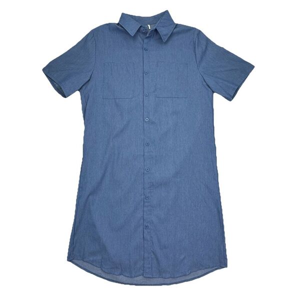 Blue Shirt Dress Short Sleeve Size Large Front Pockets Casual Button Down - Picture 1 of 6